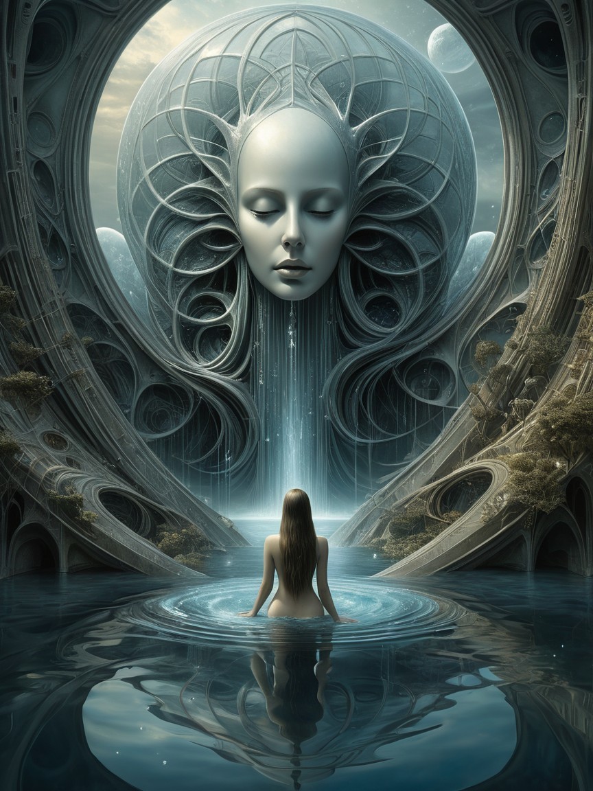 Surreal Landscape with Ethereal Face and Tranquil Waters