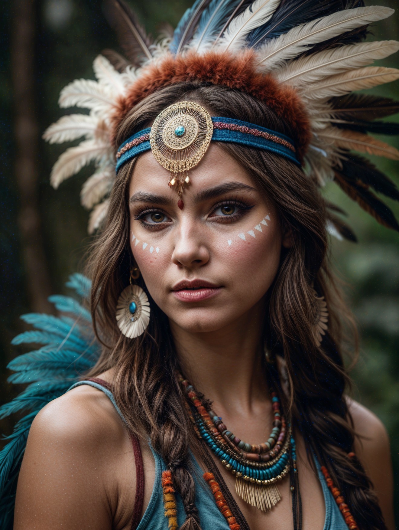 Young Woman in Feathered Headdress and Nature Background