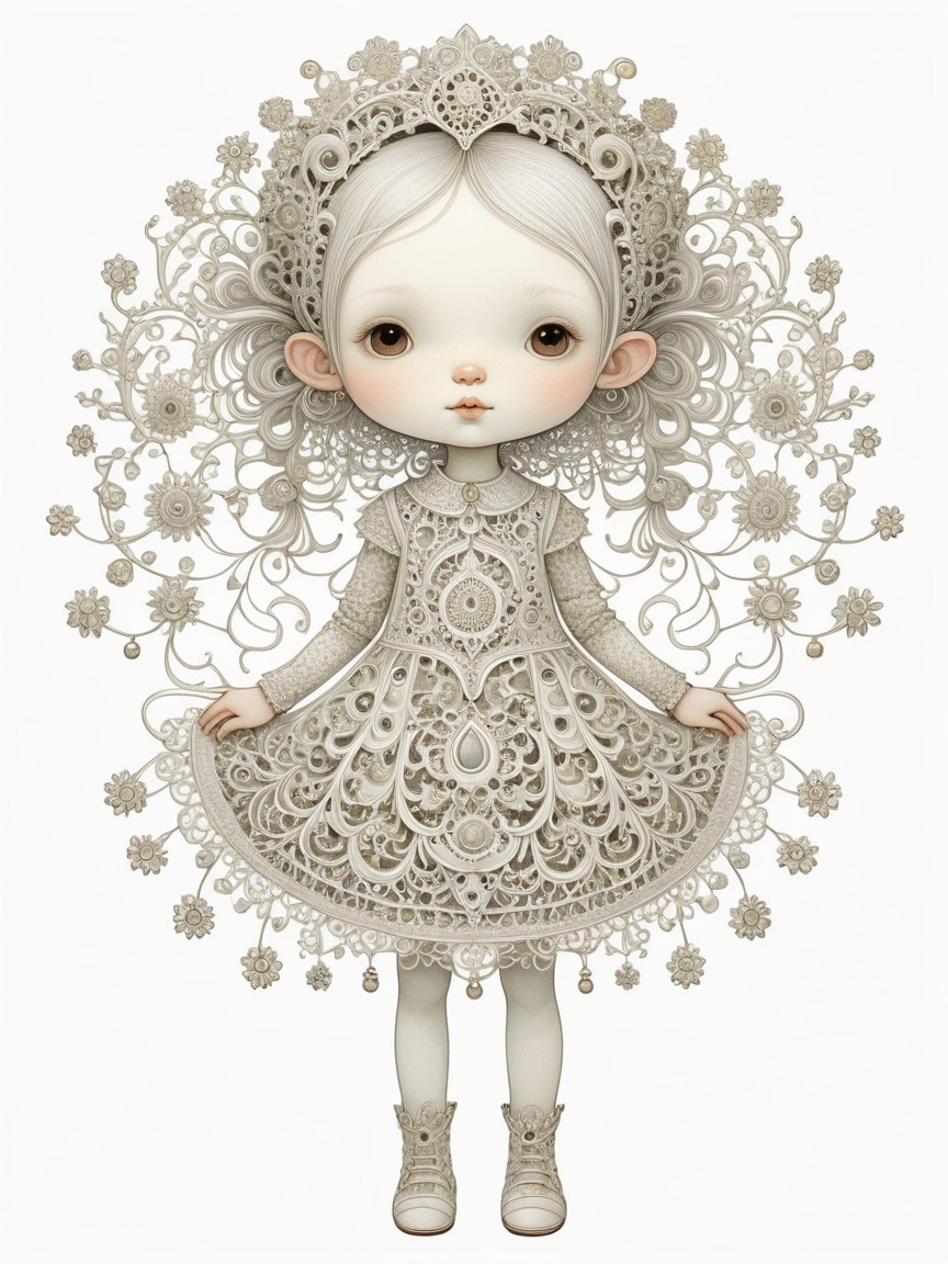 Whimsical Character in Lacy Floral Dress and Ethereal Setting