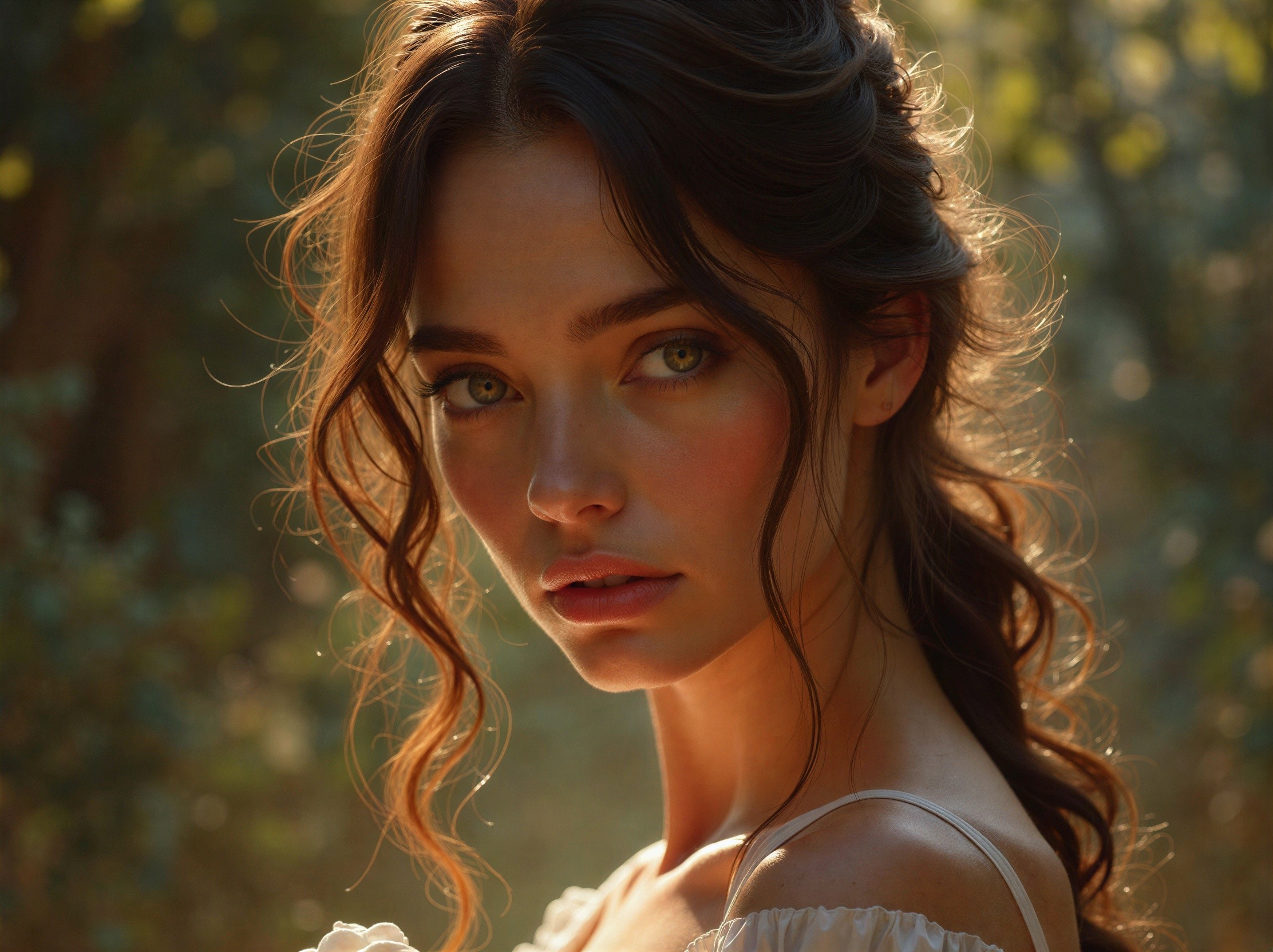 Close-up of a young woman in a sunlit forest
