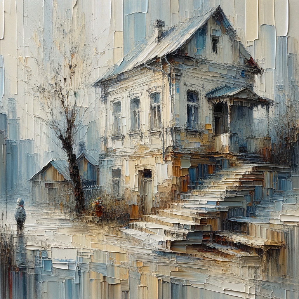 Impressionistic Oil Painting of a White House and Tree