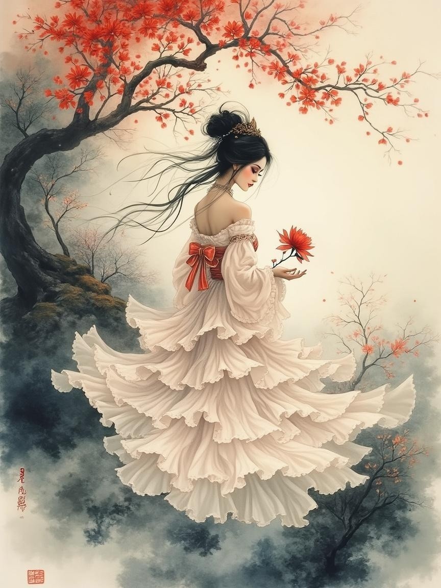 Woman in White Gown Surrounded by Clouds and Blossoms