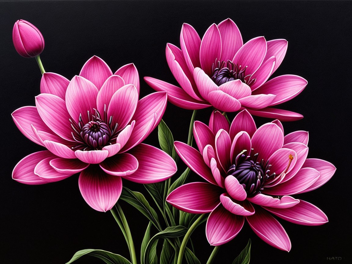 Vibrant Pink Water Lilies on Black Background