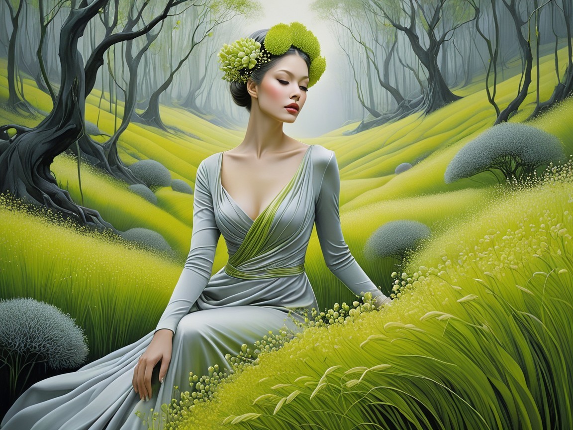 Serene Figure in Vibrant Green Landscape with Floral Crown