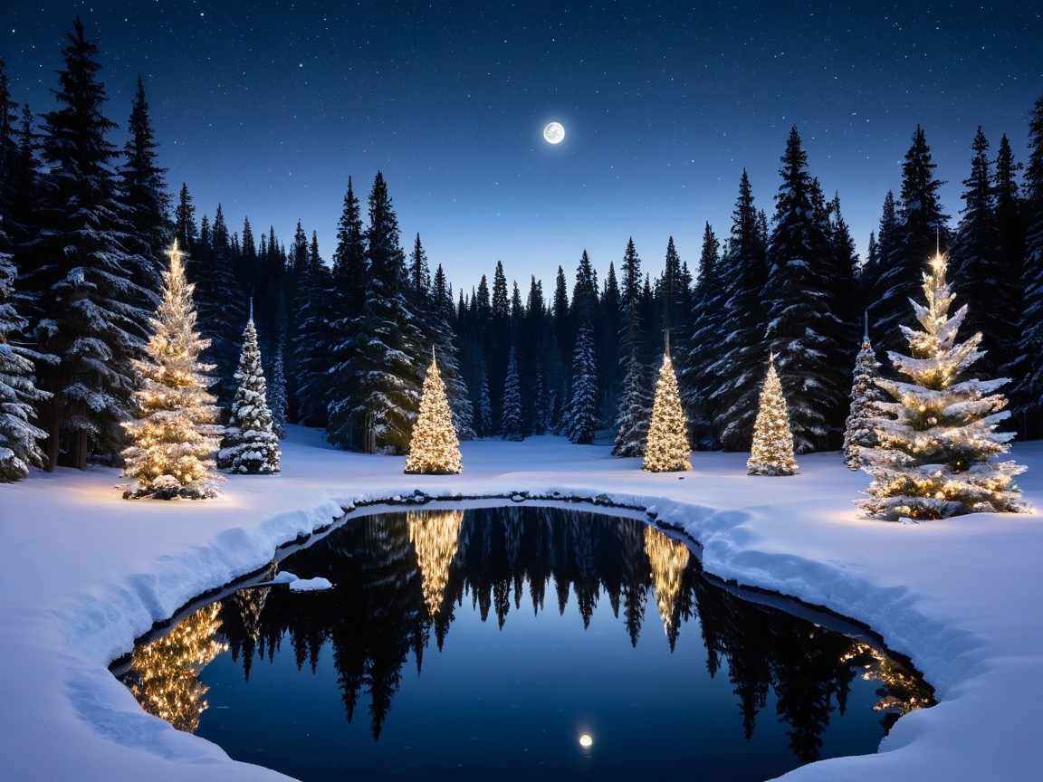Serene winter landscape with illuminated trees and pond