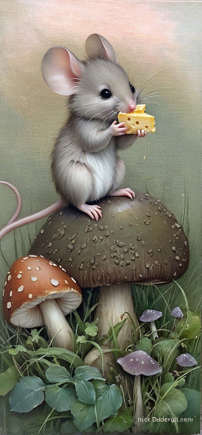 Mouse on Mushroom in Enchanting Fairy-Tale Setting