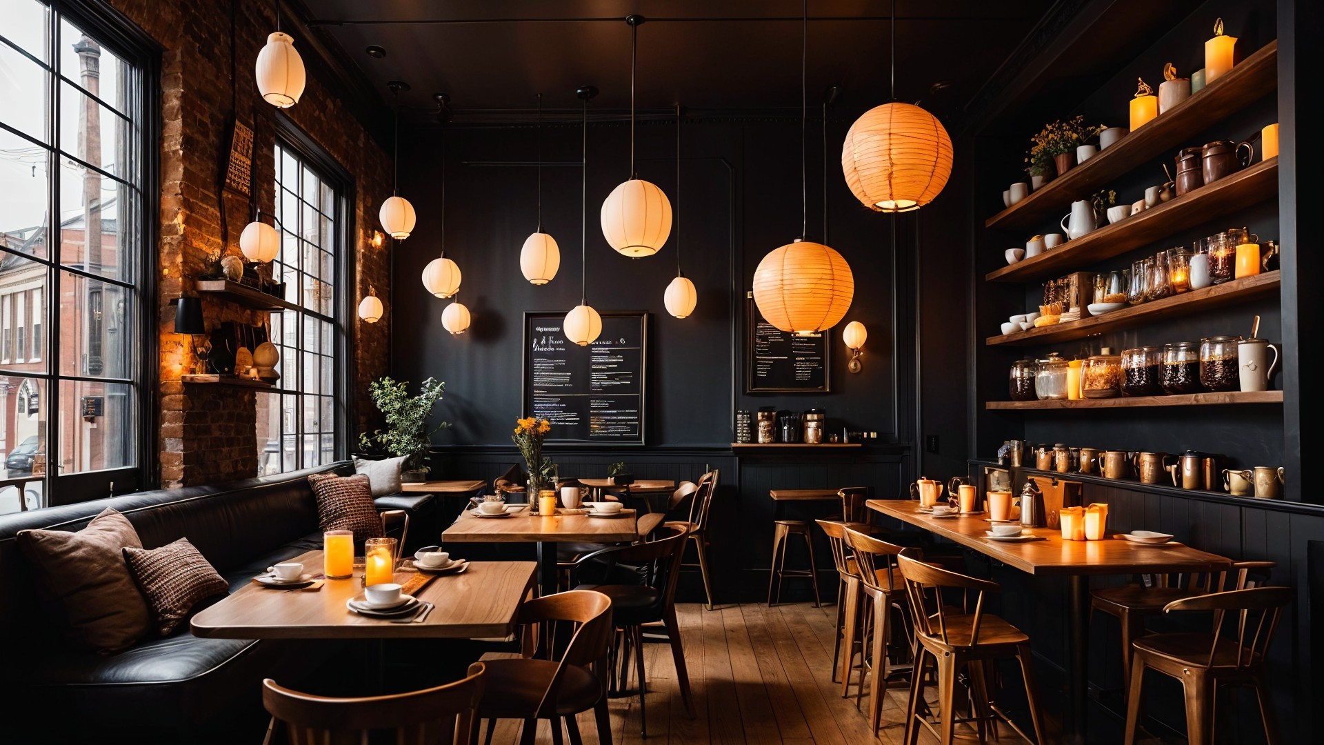 Cozy Restaurant with Warm Lighting and Rustic Decor
