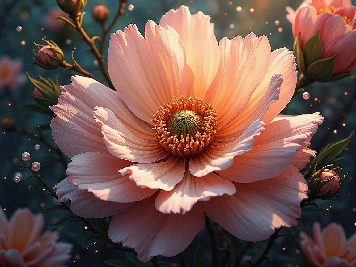 Delicate Pink Flower with Green Center and Golden Stamen