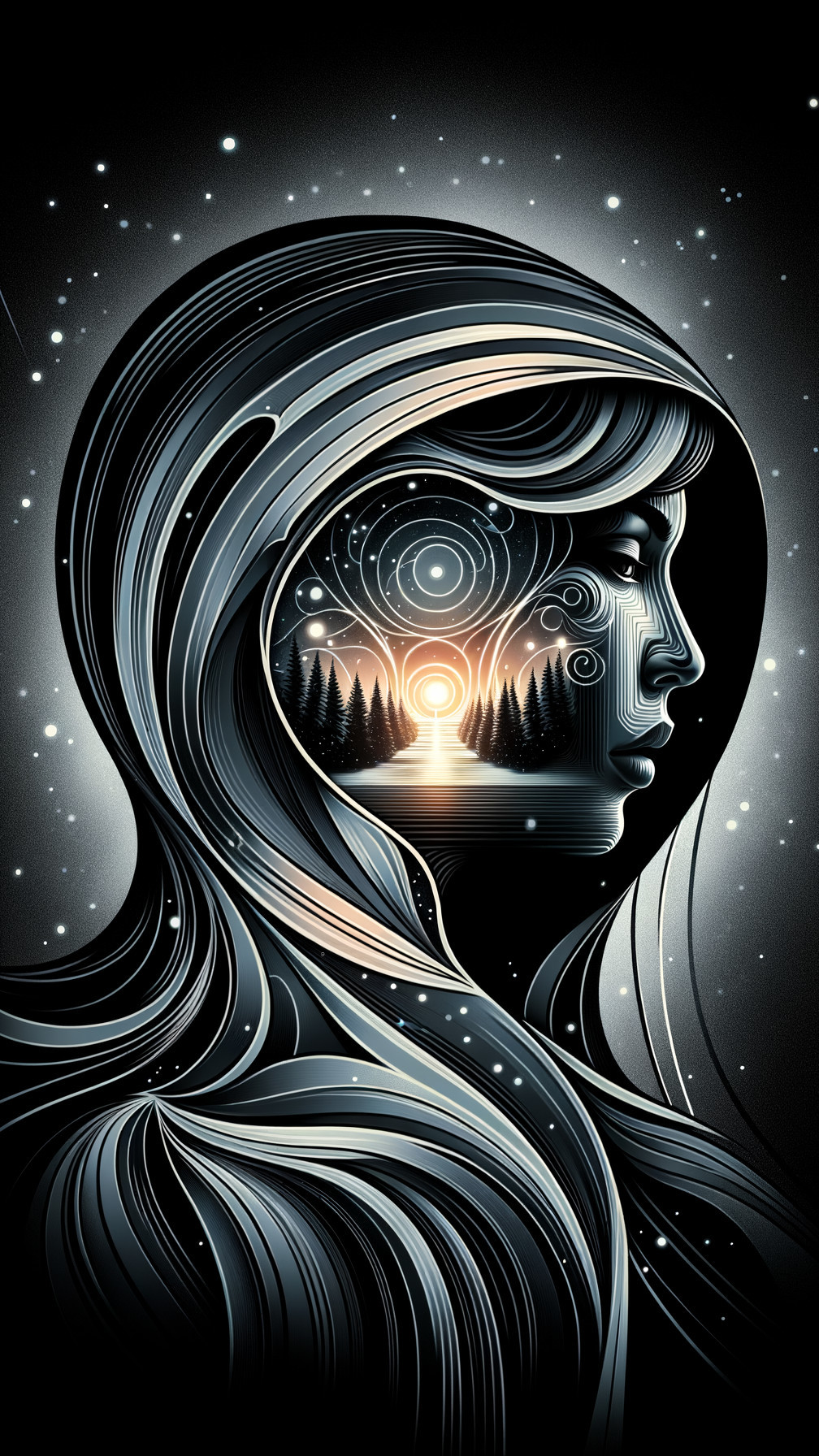 Silhouette of a Woman with Nature and Celestial Patterns