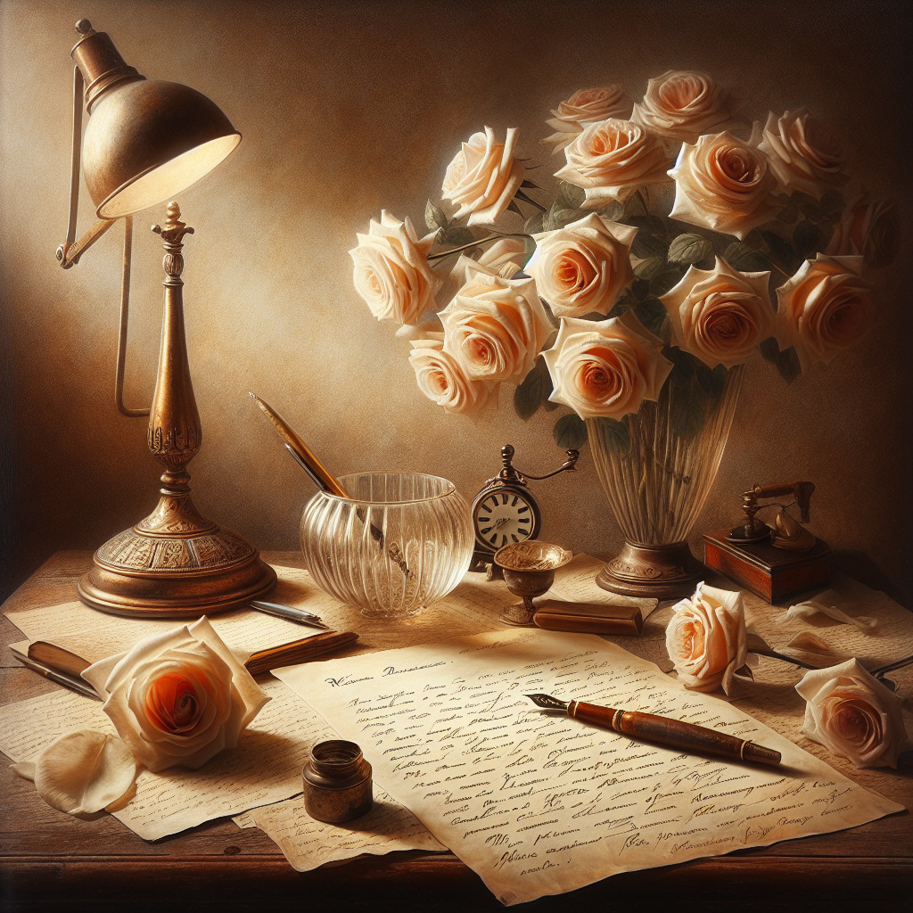 Warm Desk Scene with Vintage Lamp and Roses