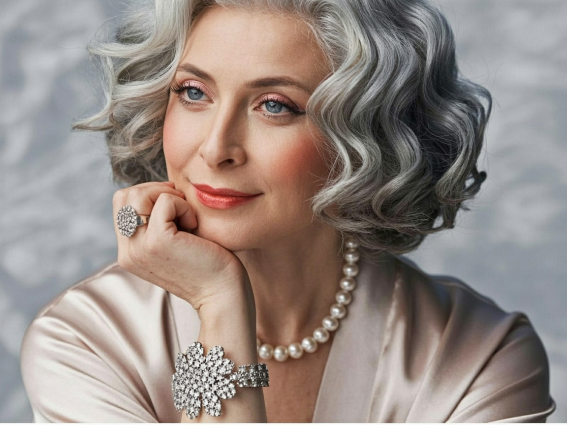 Close-up of a mature woman with gray curly hair