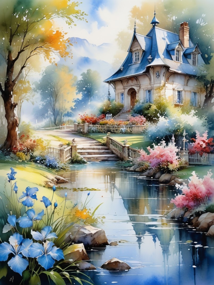 Charming House with Blue Roof in Vibrant Gardens