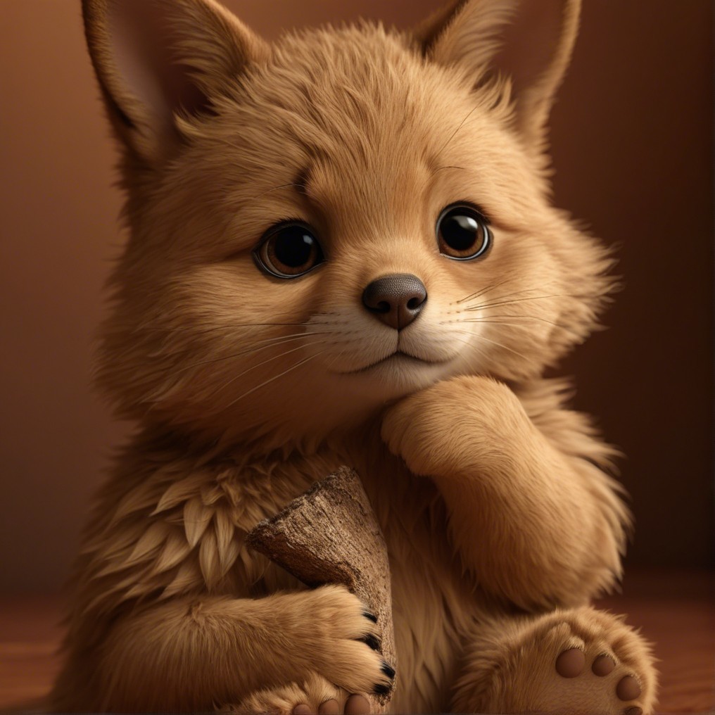 Fluffy Puppy with Expressive Eyes and Wood Piece