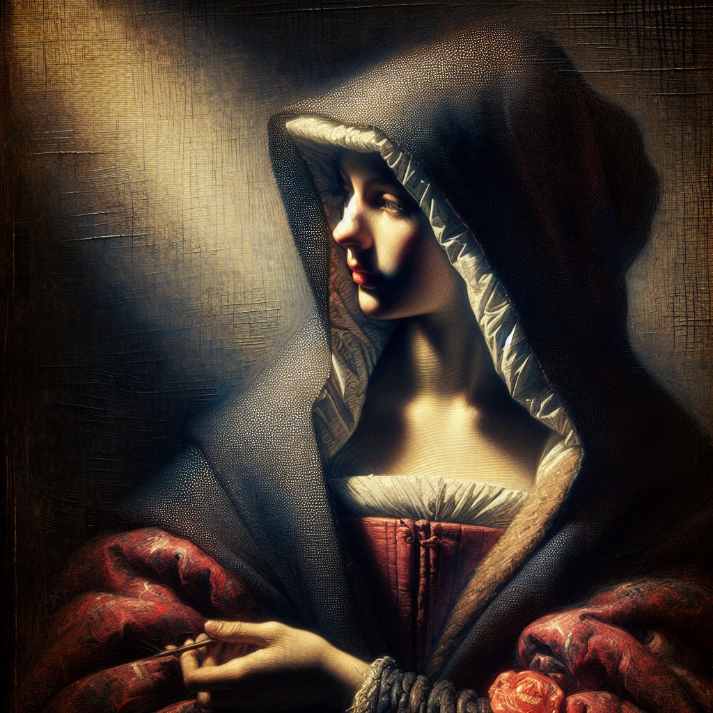 Young woman in embroidered gown gazes thoughtfully