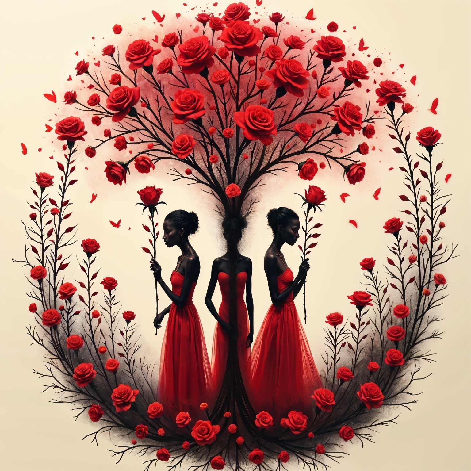 Three Figures in Red Dresses Among Blooming Roses