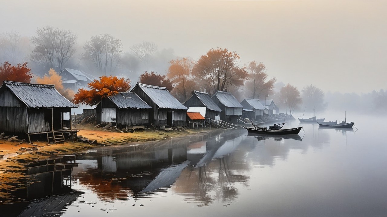 Serene Riverside Scene with Wooden Houses and Autumn Trees