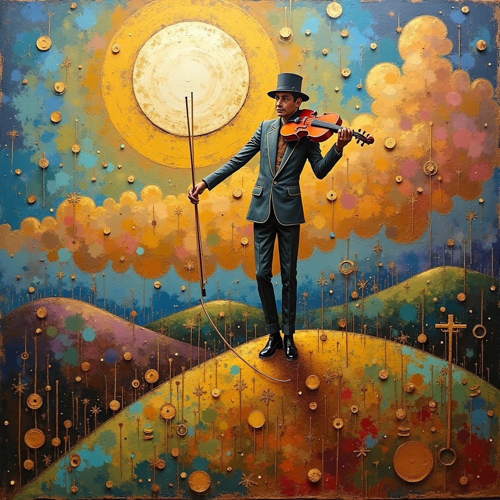 Dapper Musician with Violin on Colorful Hillside