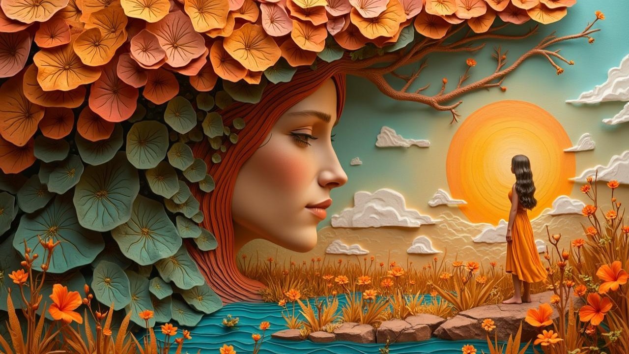 Surreal Landscape with Woman, Tree, and Tranquil River
