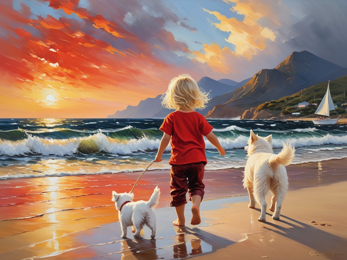 Child and dogs walk on beach at sunset with vibrant sky