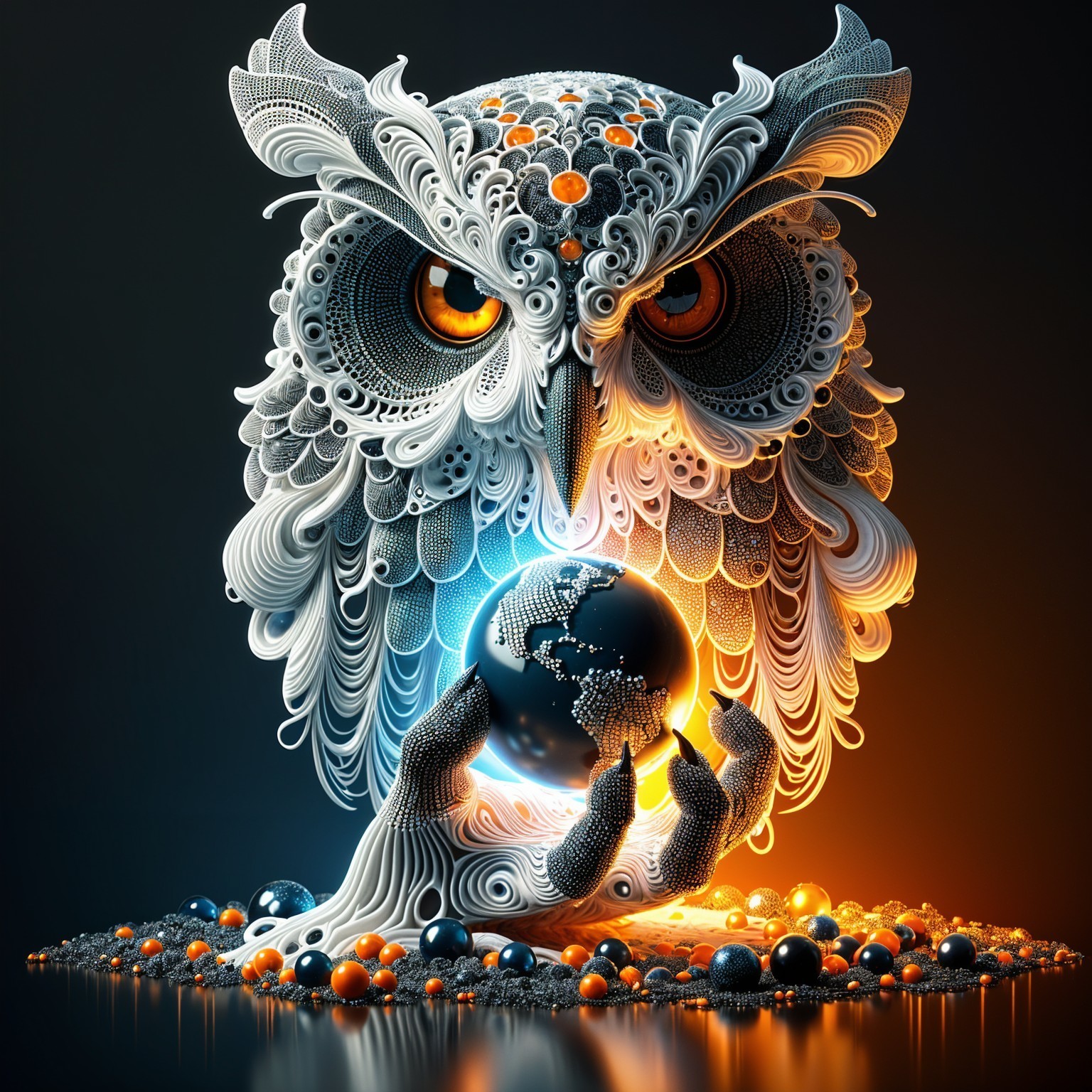 Stylized owl with intricate patterns and glowing globe