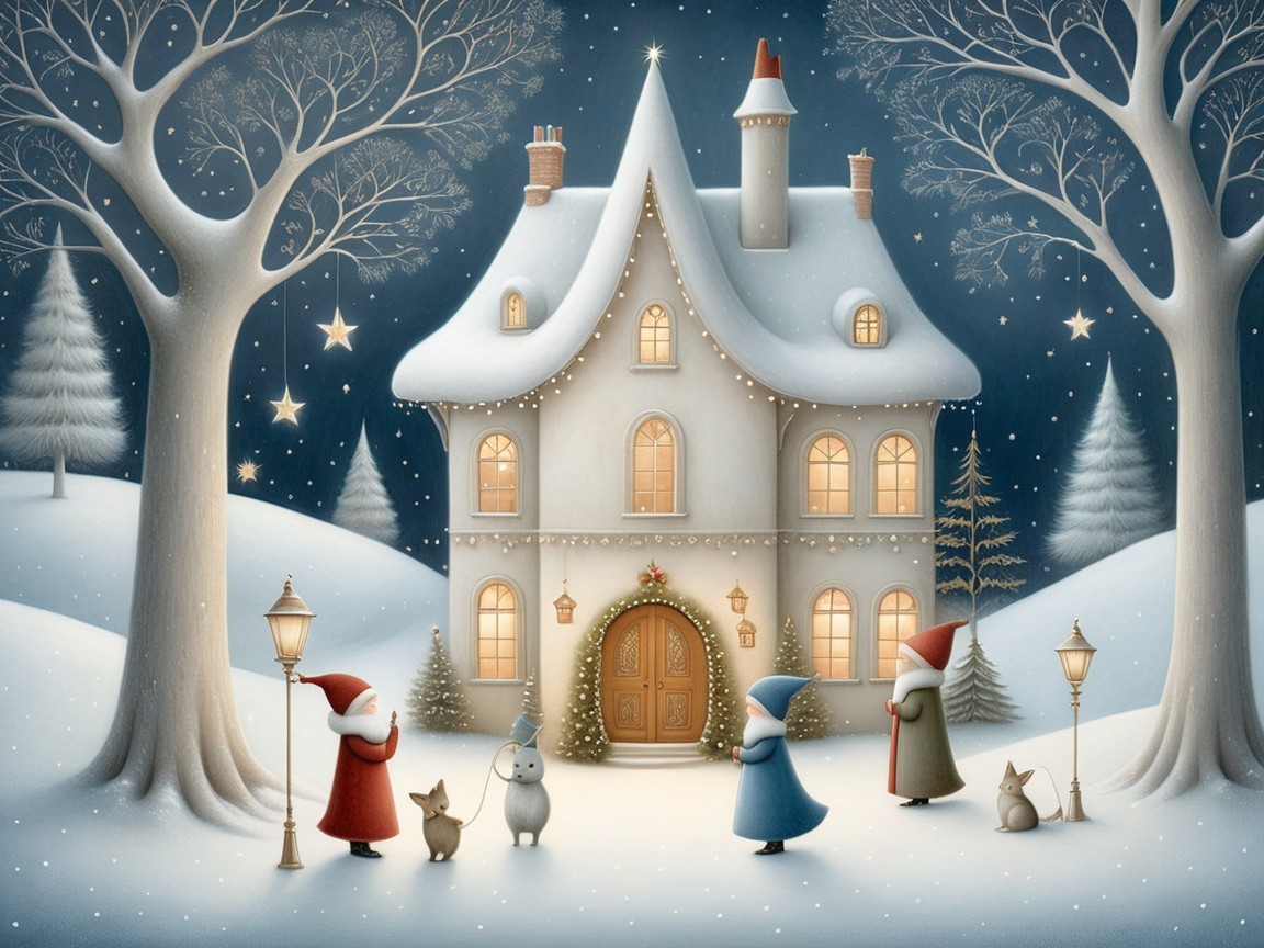Whimsical Winter Scene with Snowy House and Figures