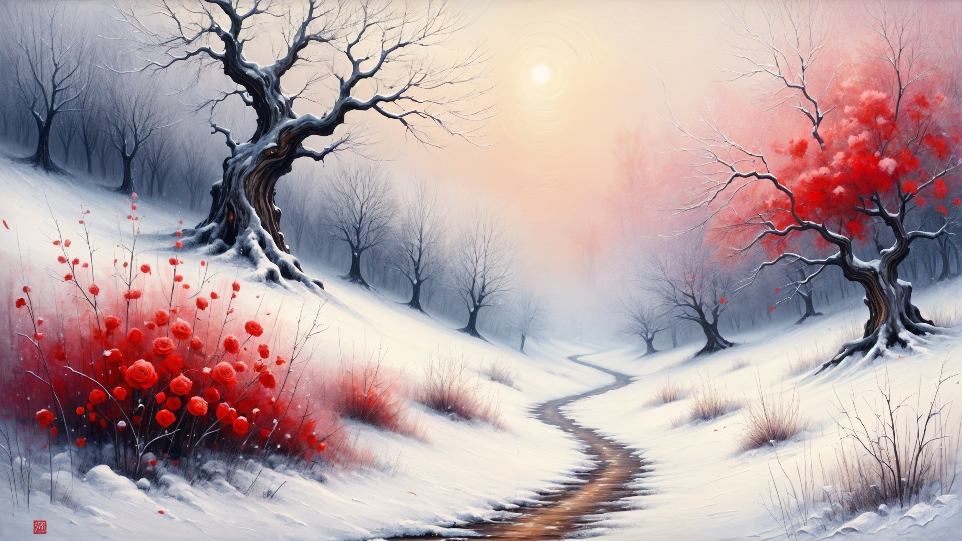 Winter Landscape with Snowy Path and Red Blossoms