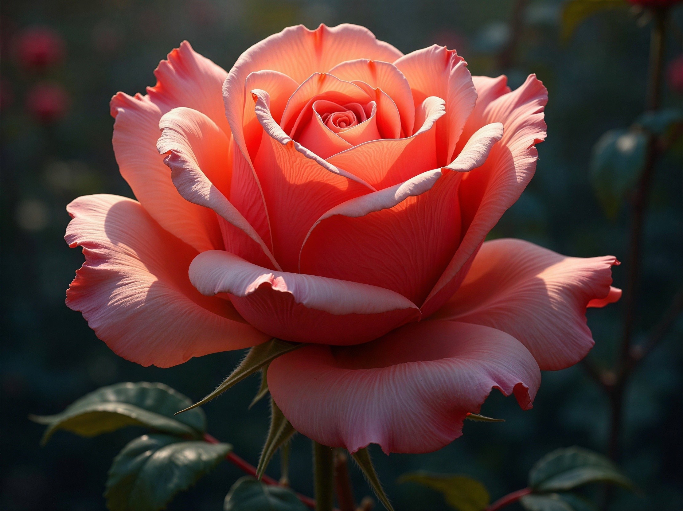 Close-up of a blooming peach-colored rose with foliage