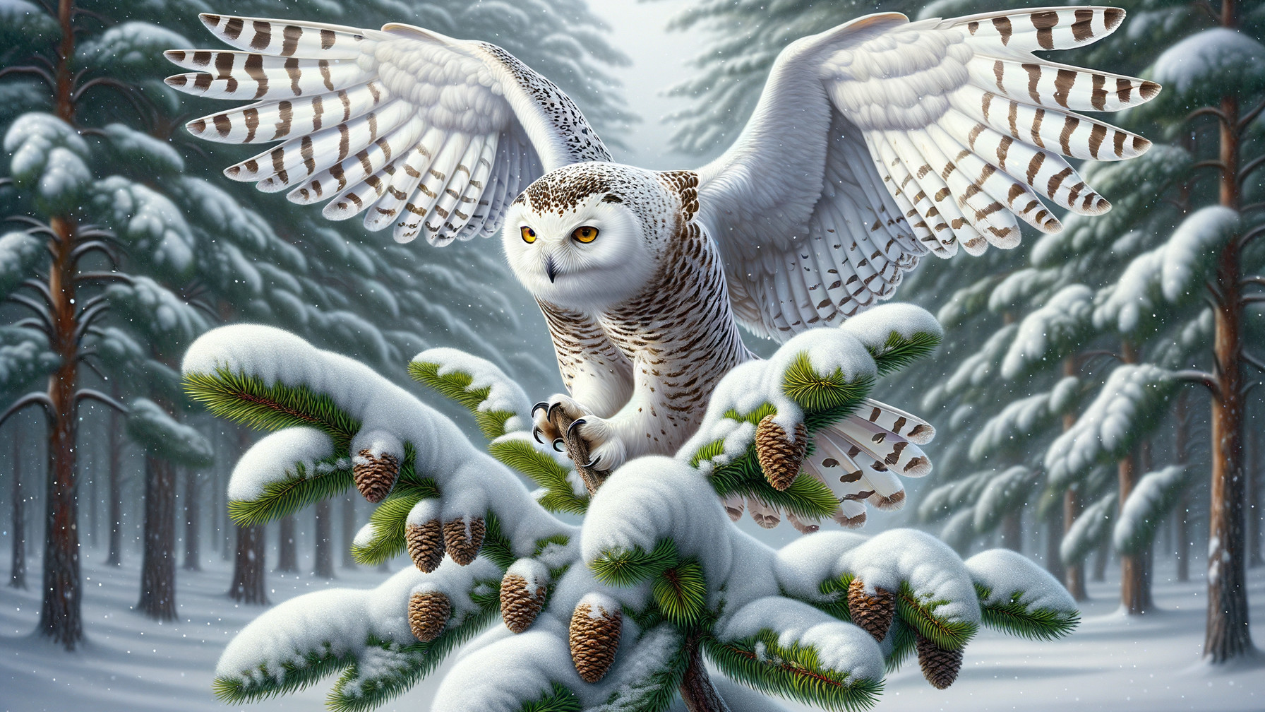 Realistic Female Snowy Owl Landing on Snowy Pine Branch