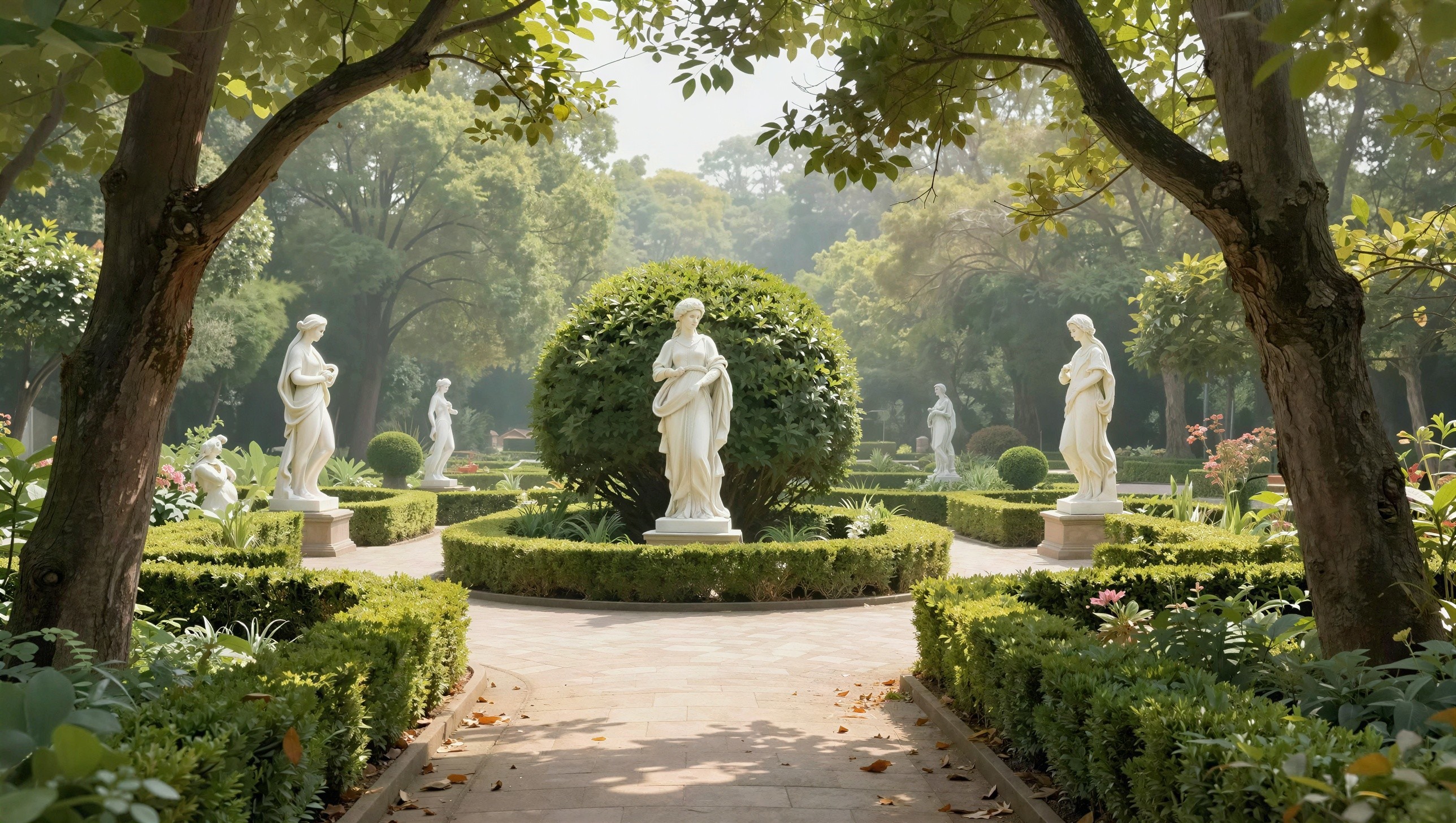 Classical Garden with Statues and Manicured Hedges