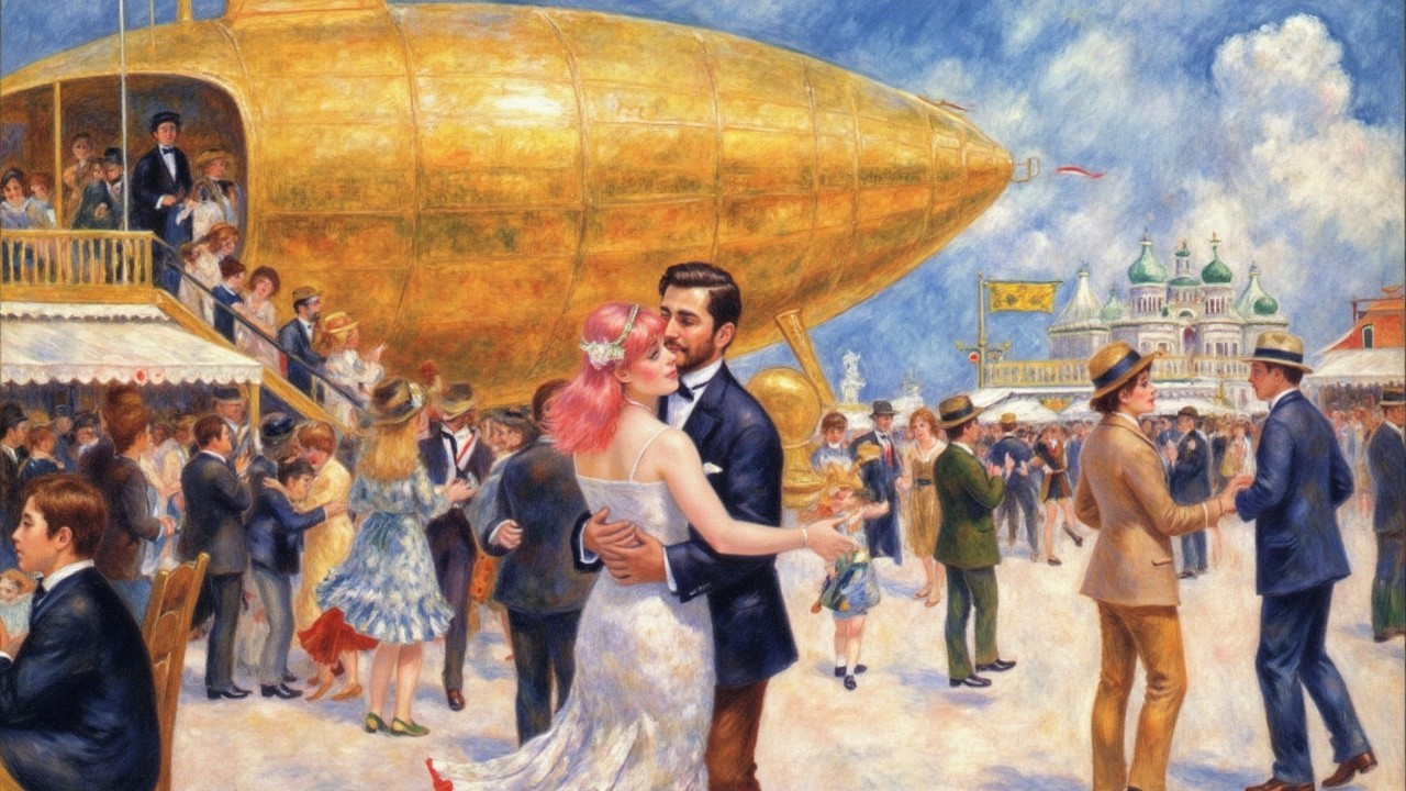 Vibrant Outdoor Dance Party with Golden Airship