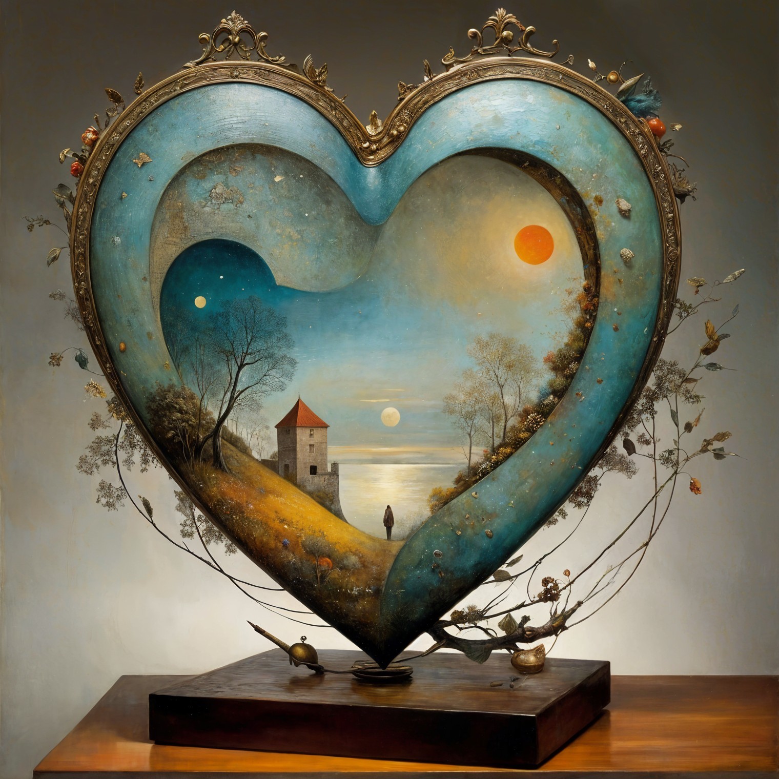 Heart-Shaped Frame with Serene Landscape and Castle