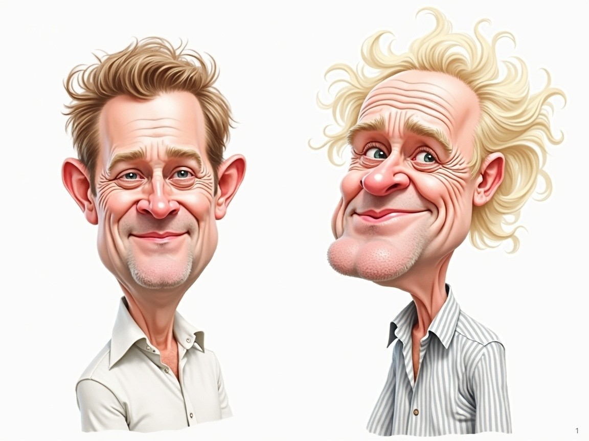 Caricatures of Two Playful Men with Unique Hairstyles