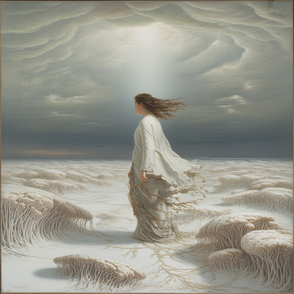 Serene figure in ethereal coral-like landscape