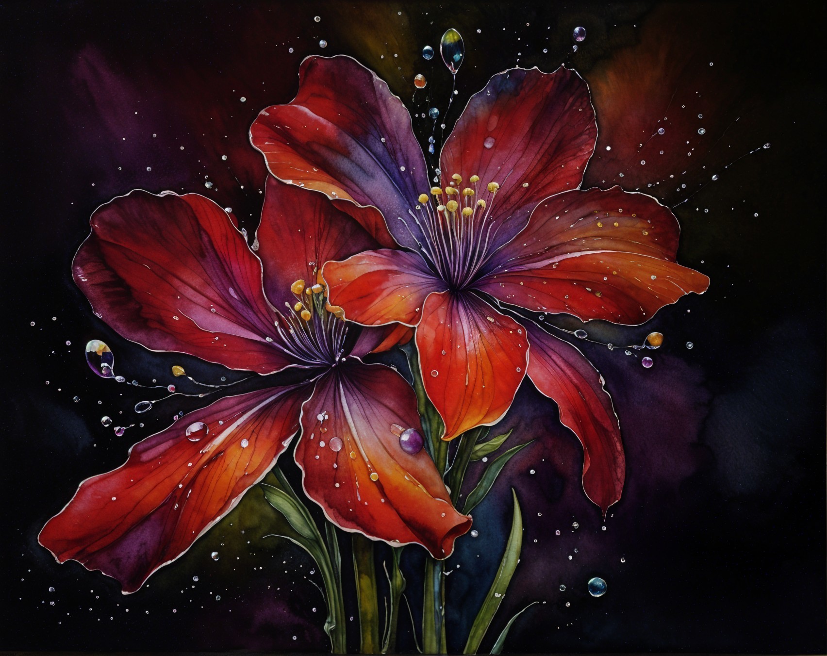Watercolor Painting of Red Flowers with Dark Background