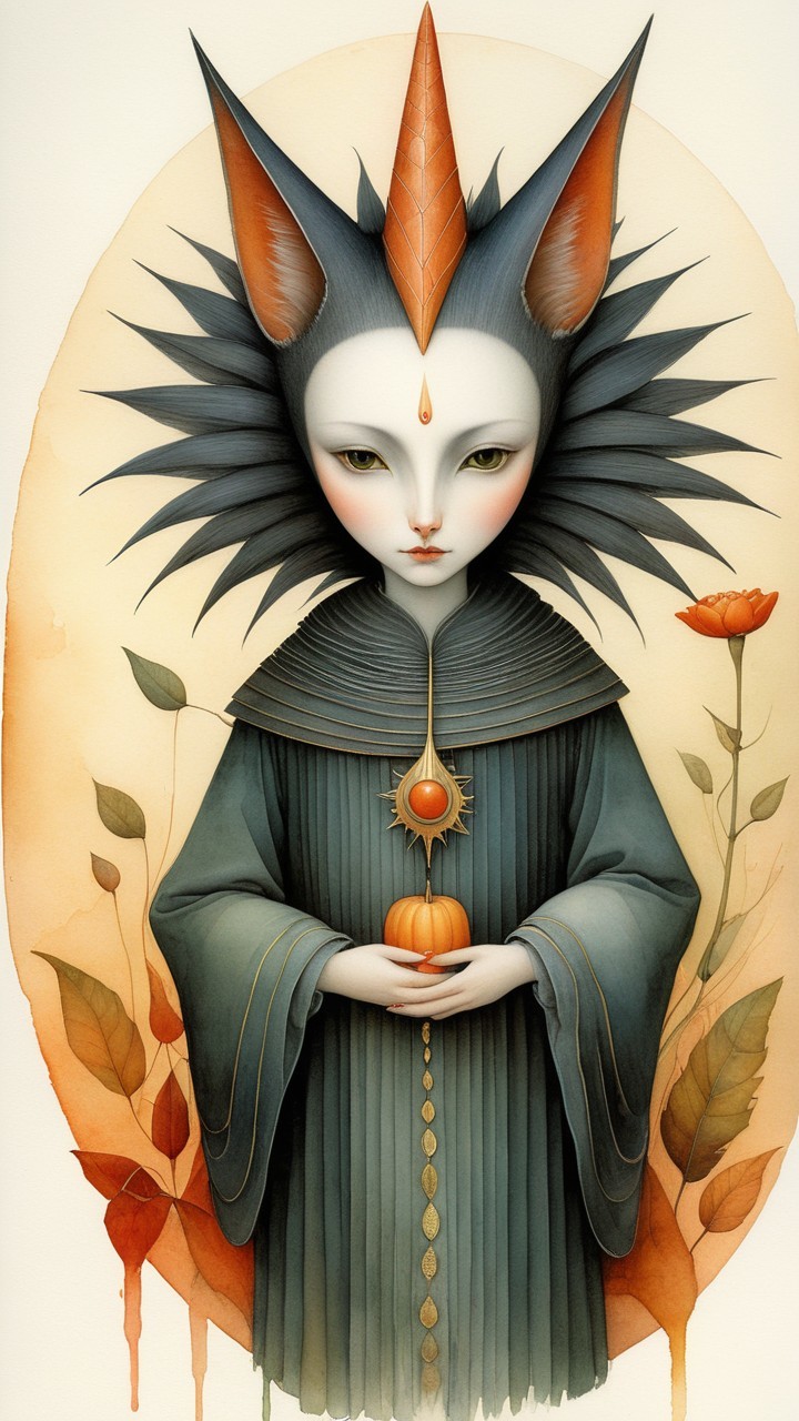 Mystical Figure with Feline Features in Enchanting Setting