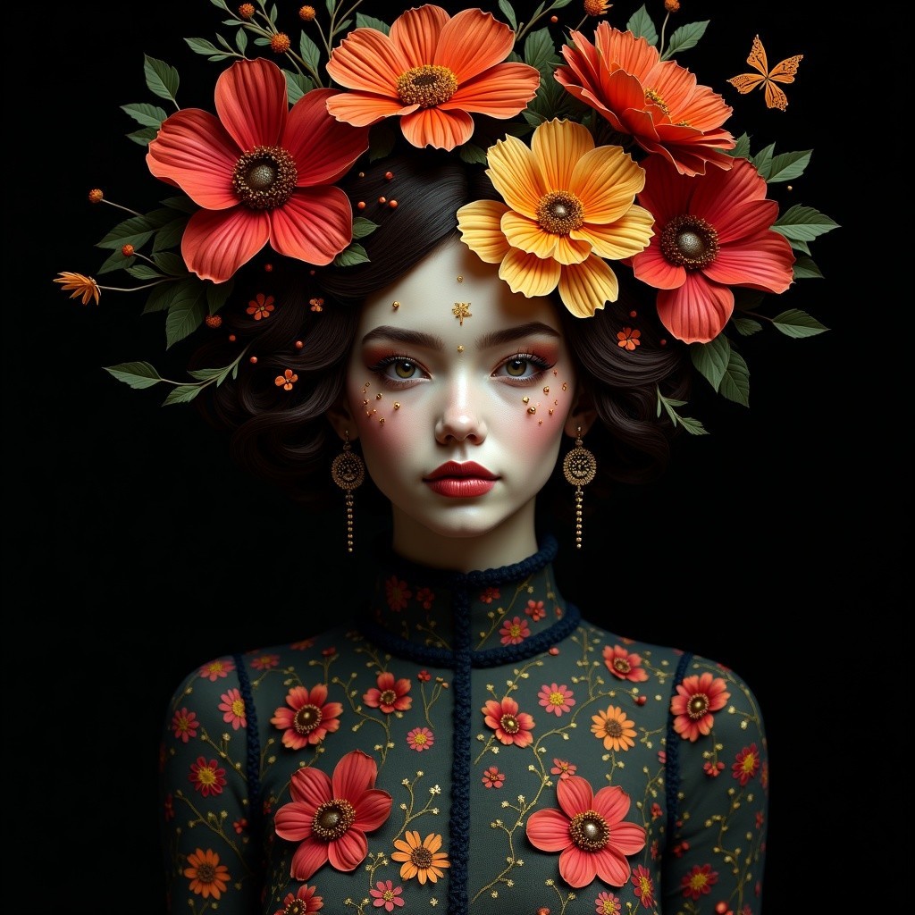 Floral Headdress and Dress with Porcelain Complexion