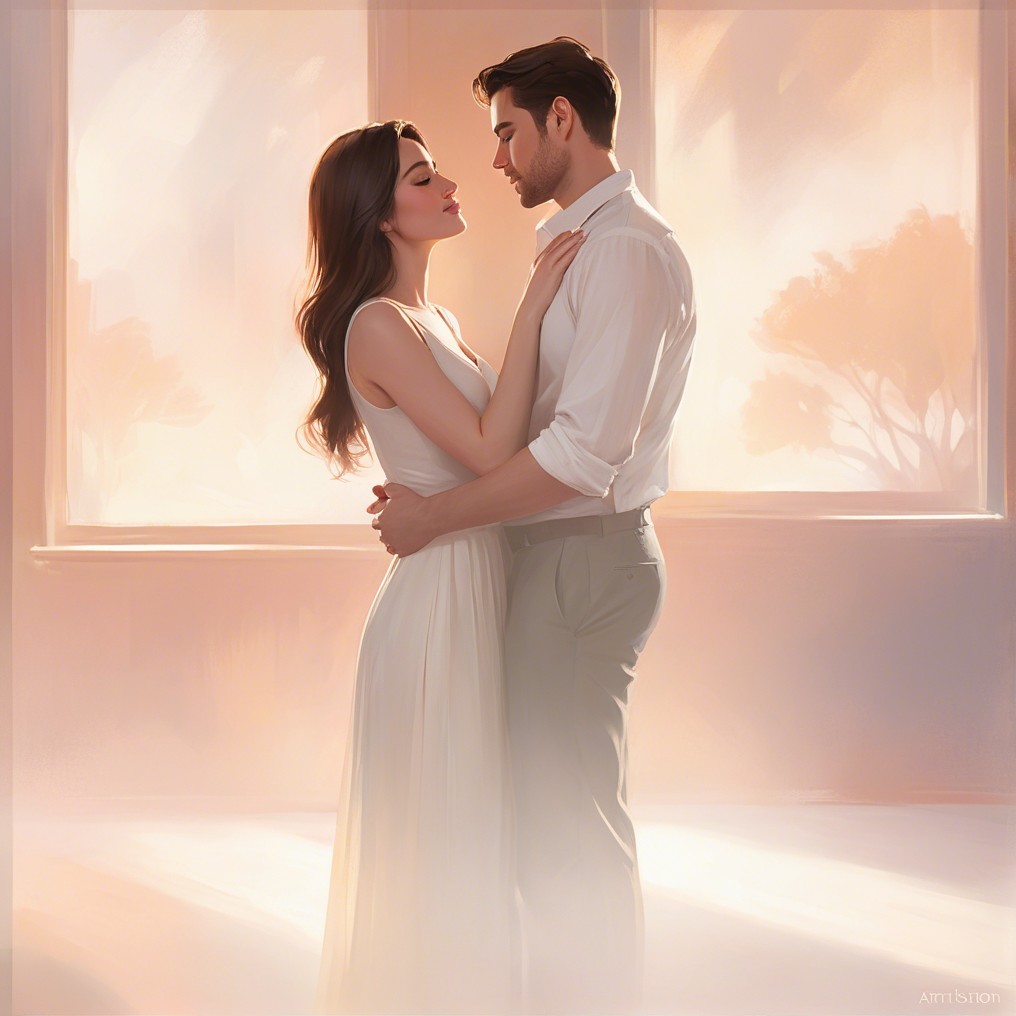 Romantic Couple Embracing by Sunlit Window