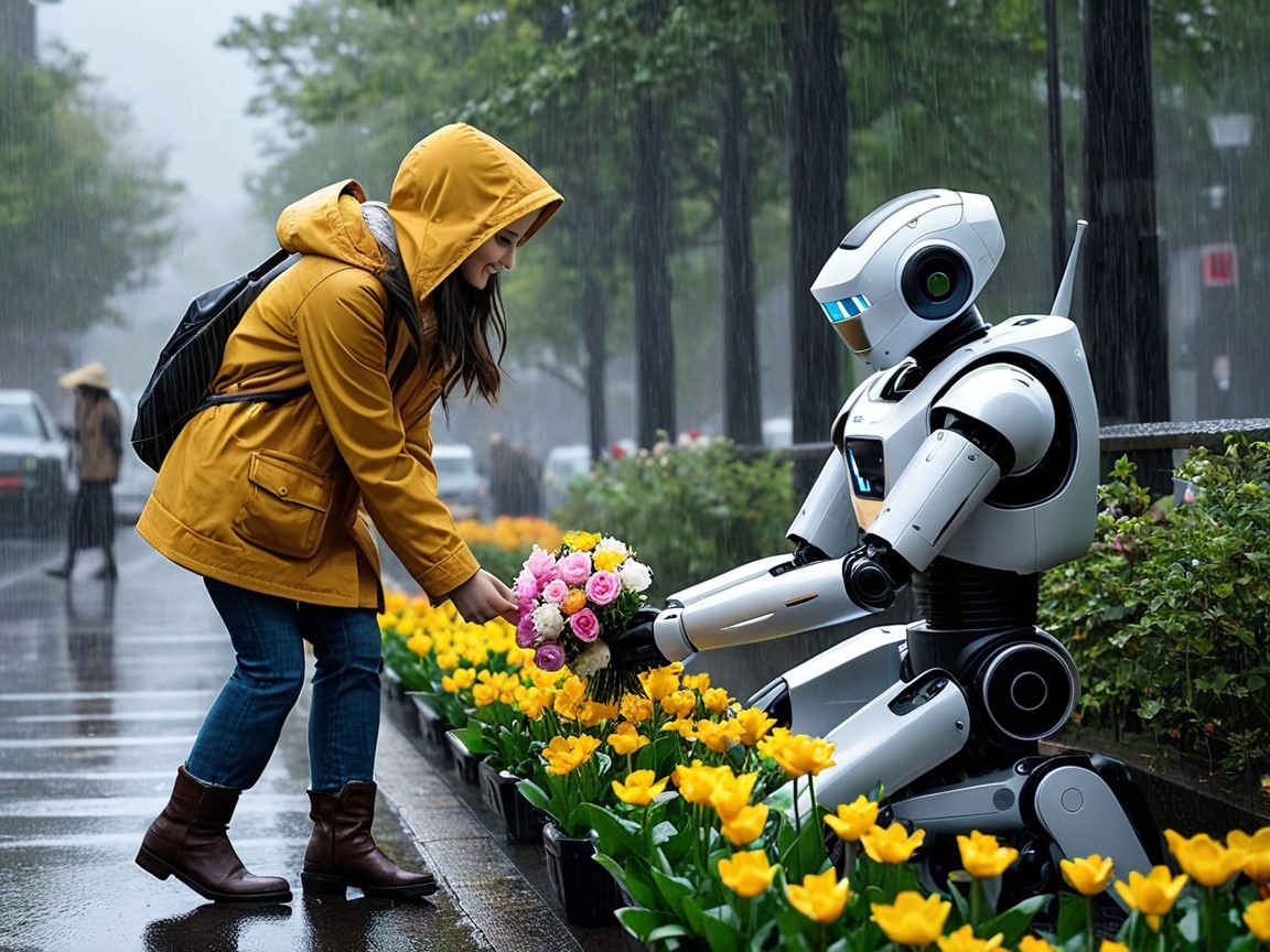 Rainy City Scene with Woman and Robot Exchange