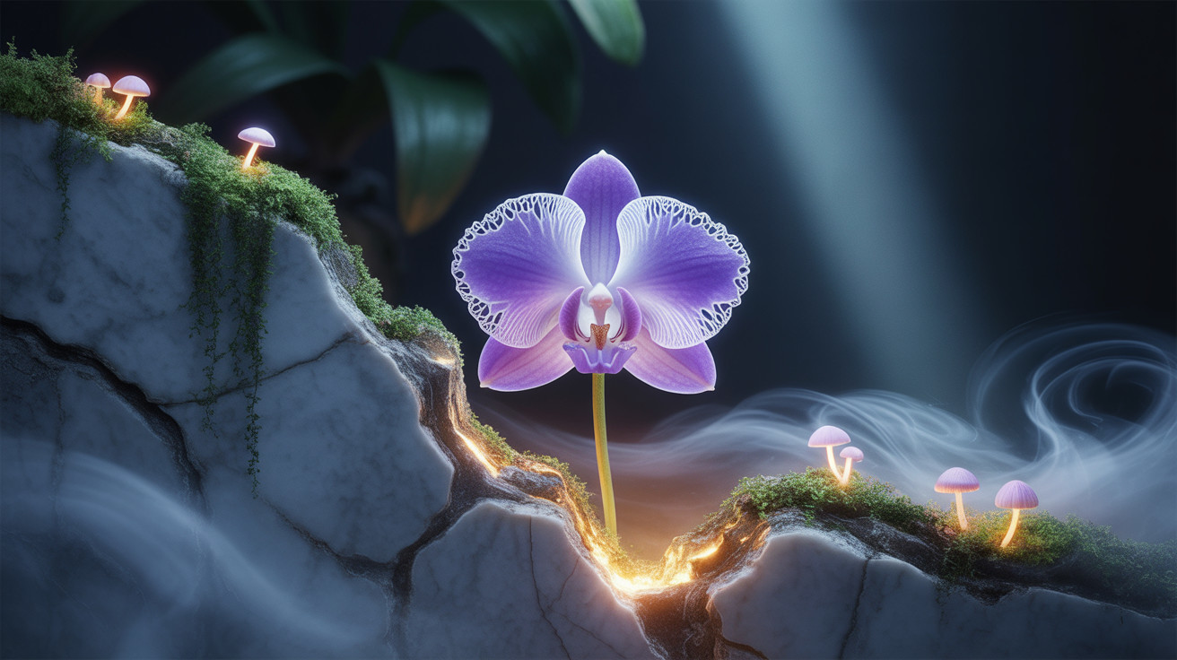Vibrant purple orchid amid textured marble and mist