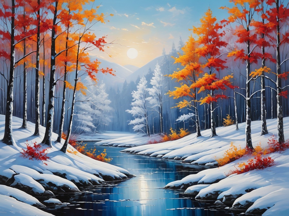 Vibrant Winter Landscape with River and Snowy Forest