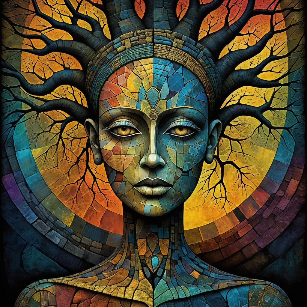 Stylized Female Face with Multicolored Nature Patterns