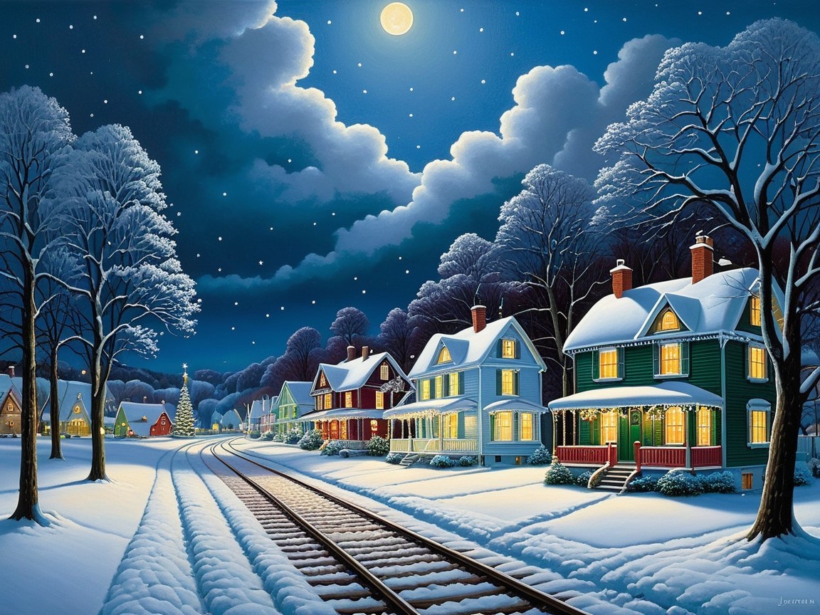 Winter Scene with Snowy Houses and Moonlit Landscape