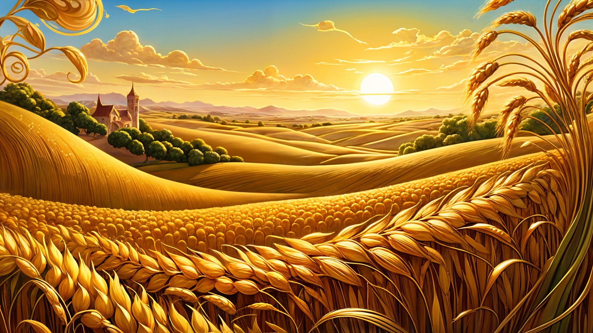 Golden Wheat Fields and Sunset Landscape Scene