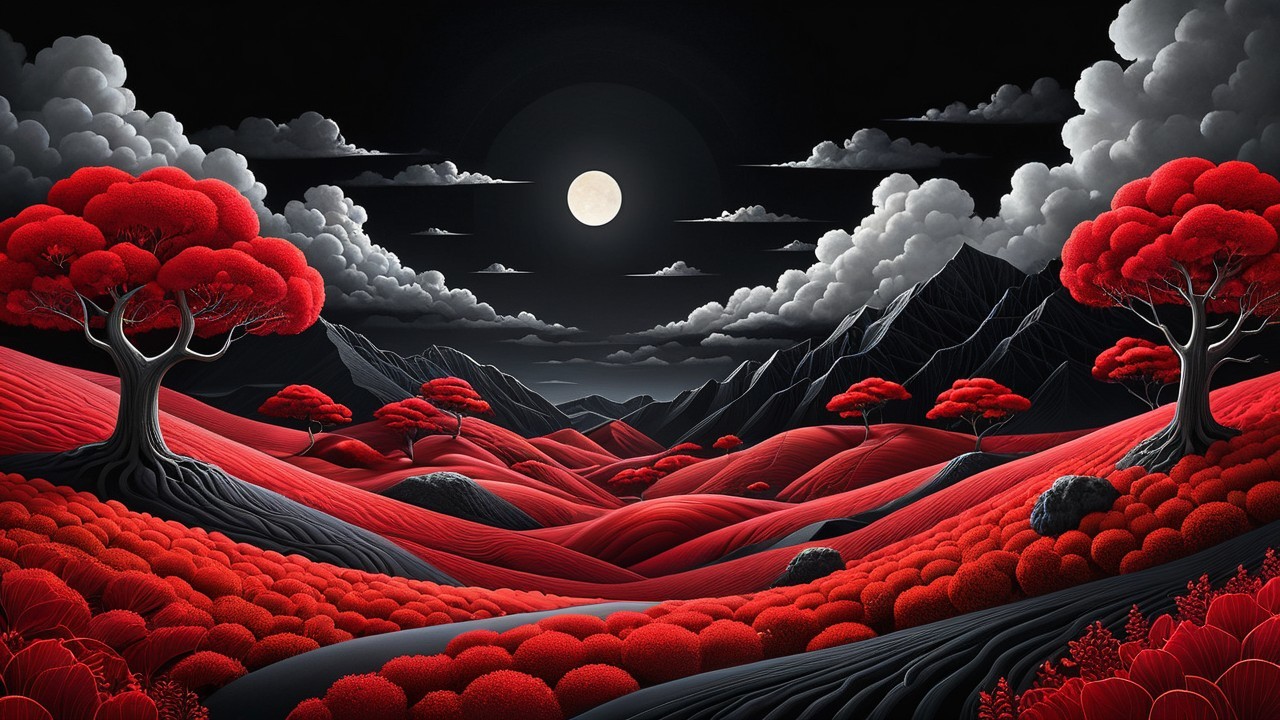 Surreal Landscape with Red Hills and Black Sky