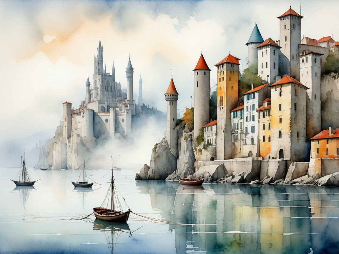 Watercolor Landscape of a Medieval Town by a River