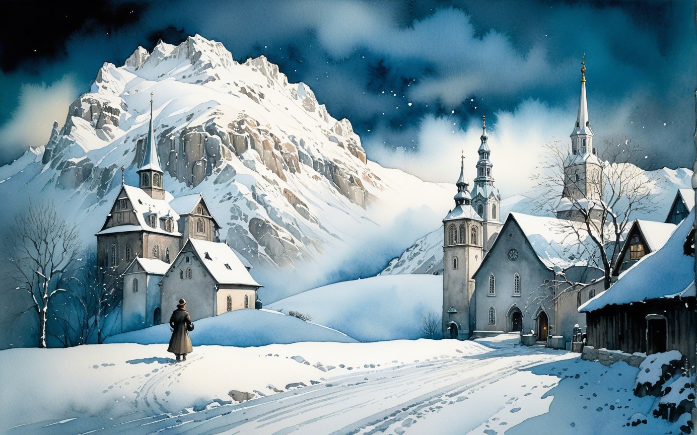 Watercolor Painting of Snowy Village in Mountains