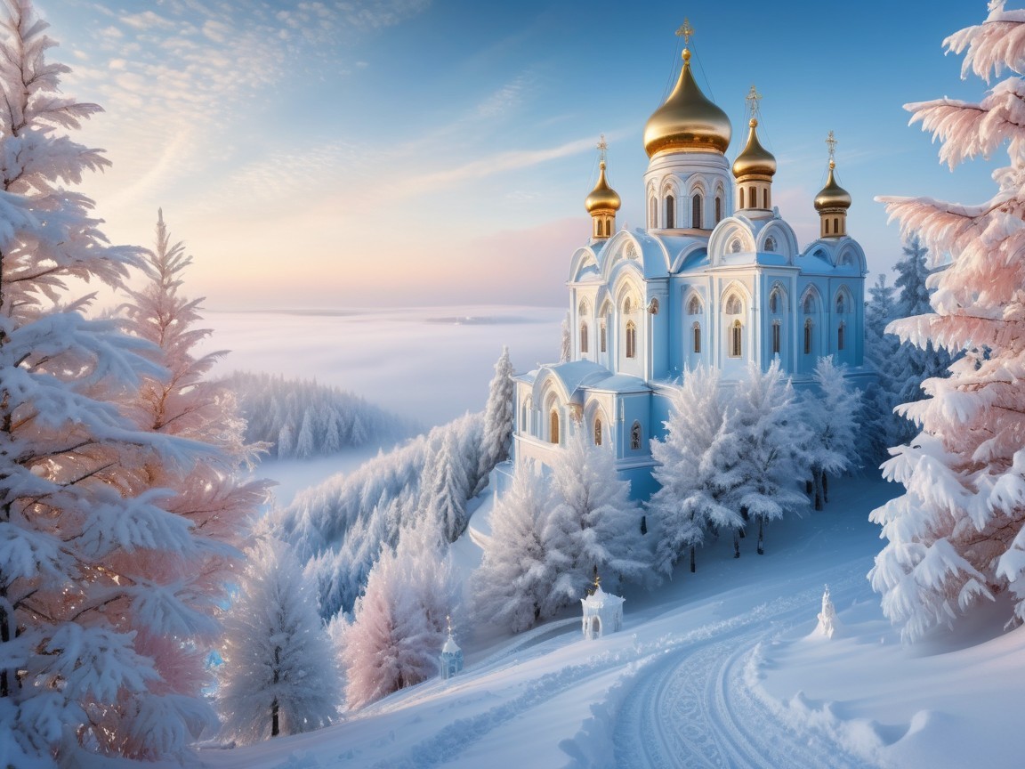 Winter Landscape with Church on Snowy Hill