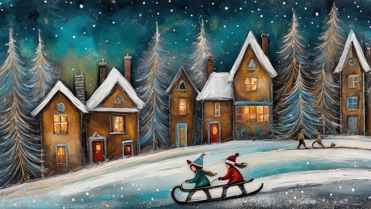 Oil Painting of Children Sledding in a Snowy Village