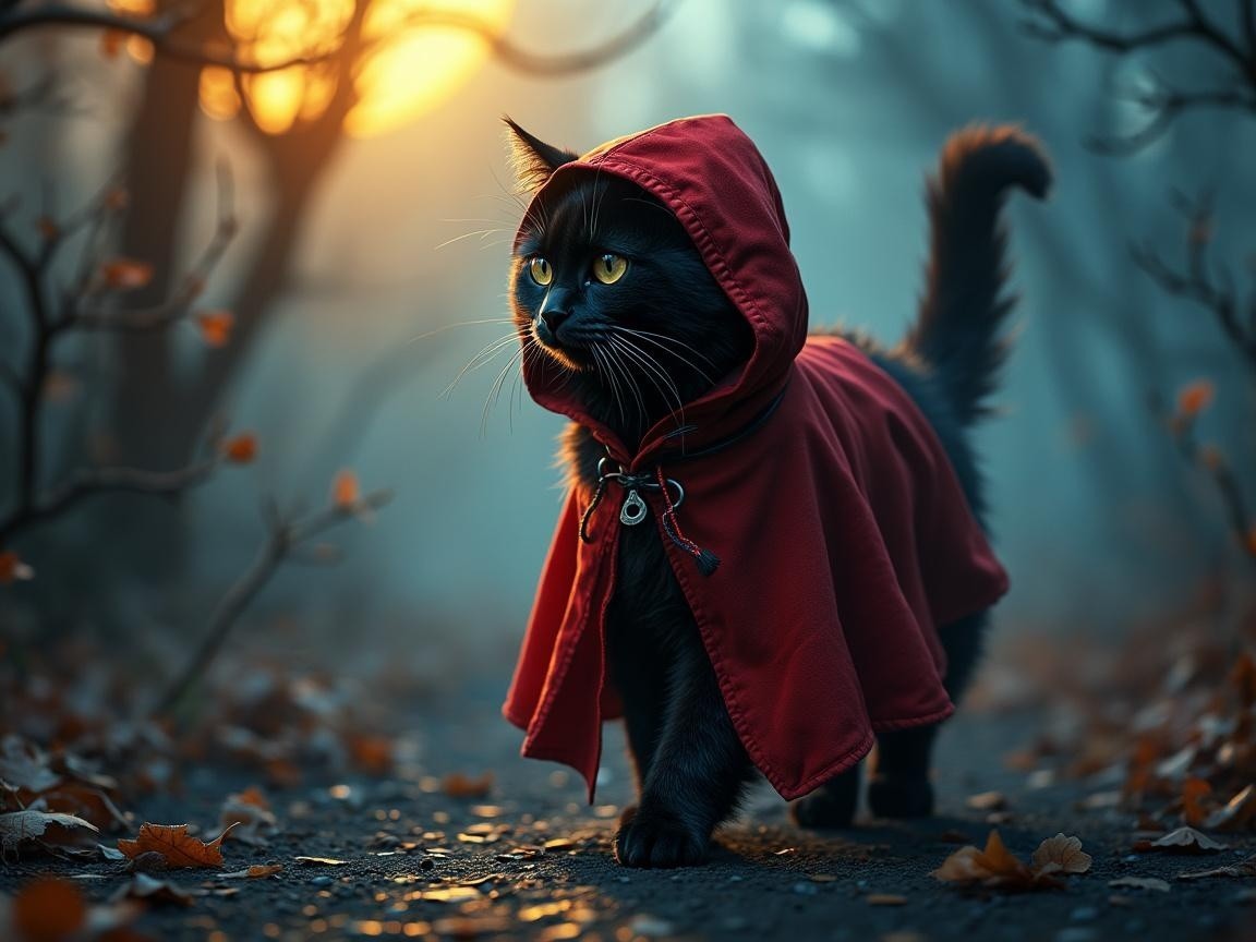Black Cat in Red Cape on Misty Forest Path