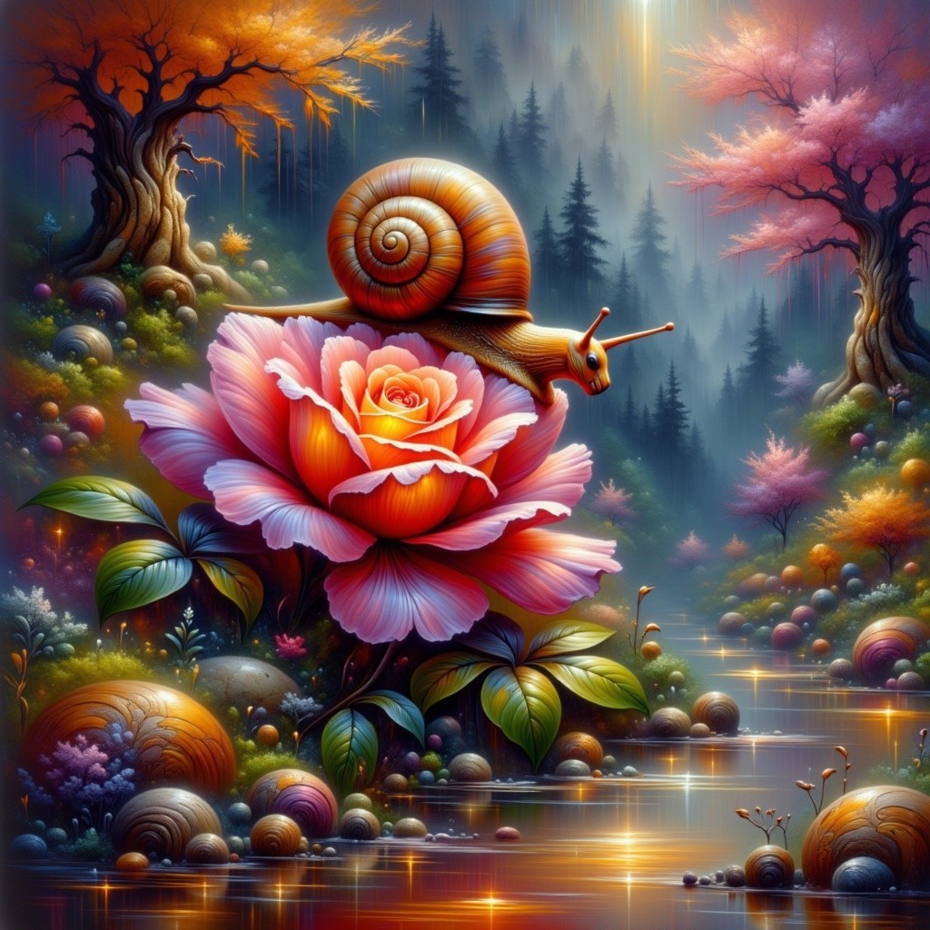 Whimsical Enchanted Forest with Colorful Snail and Rose